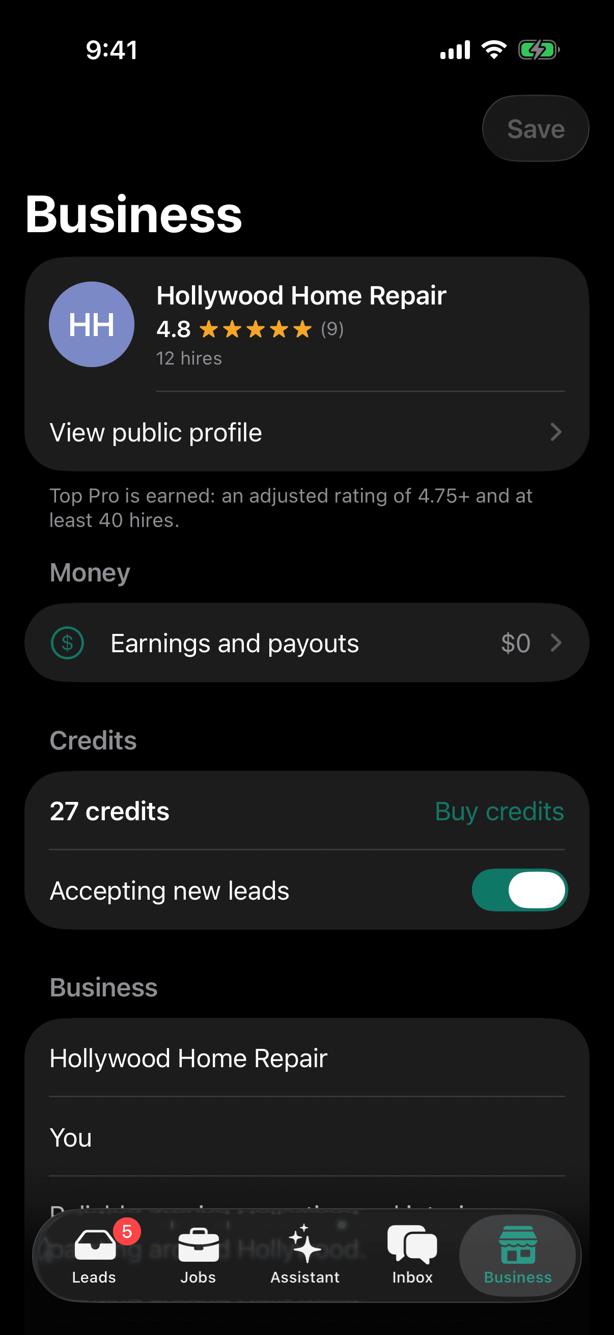 Pro Business tab: rating, hires, earnings and payouts, credits and accepting new leads.