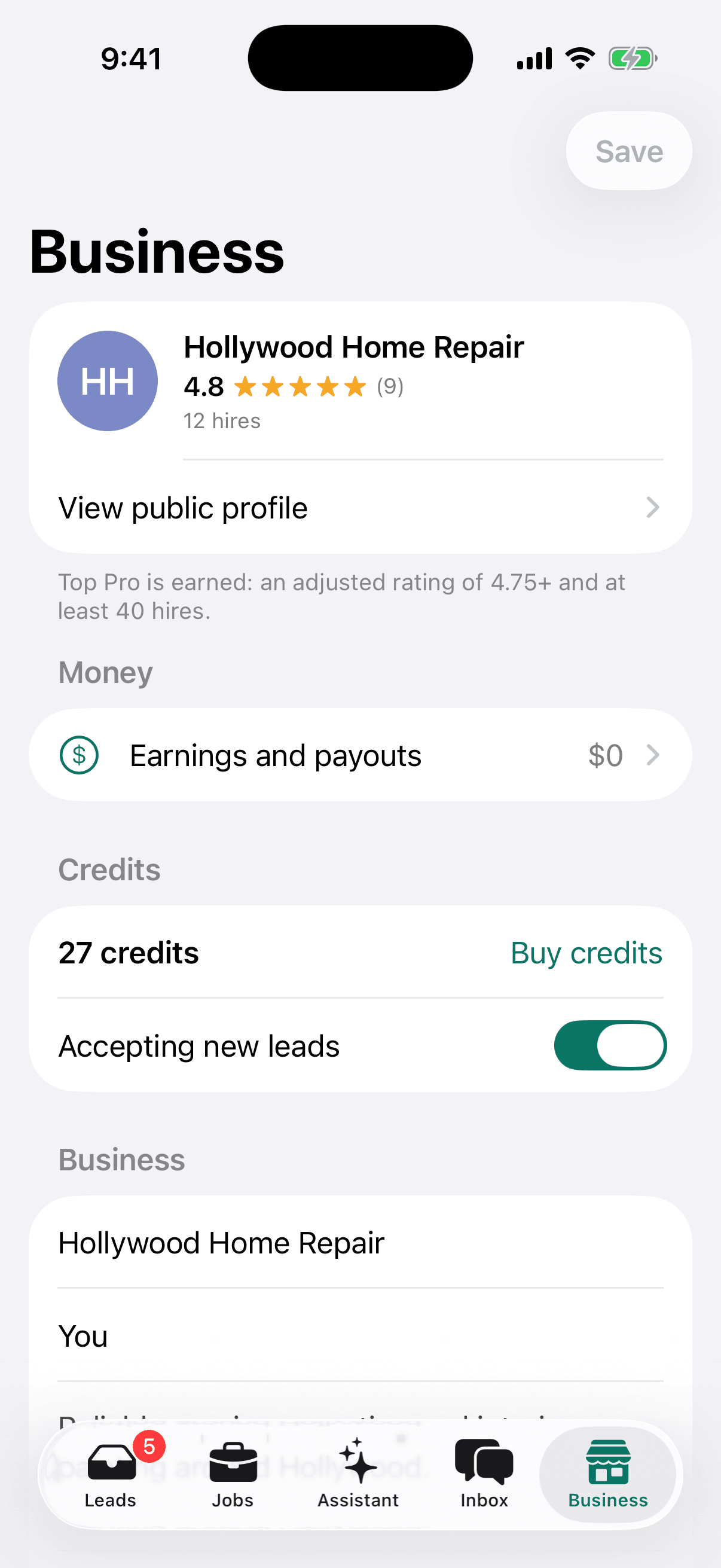 Pro Business tab: rating, hires, earnings and payouts, credits and accepting new leads.