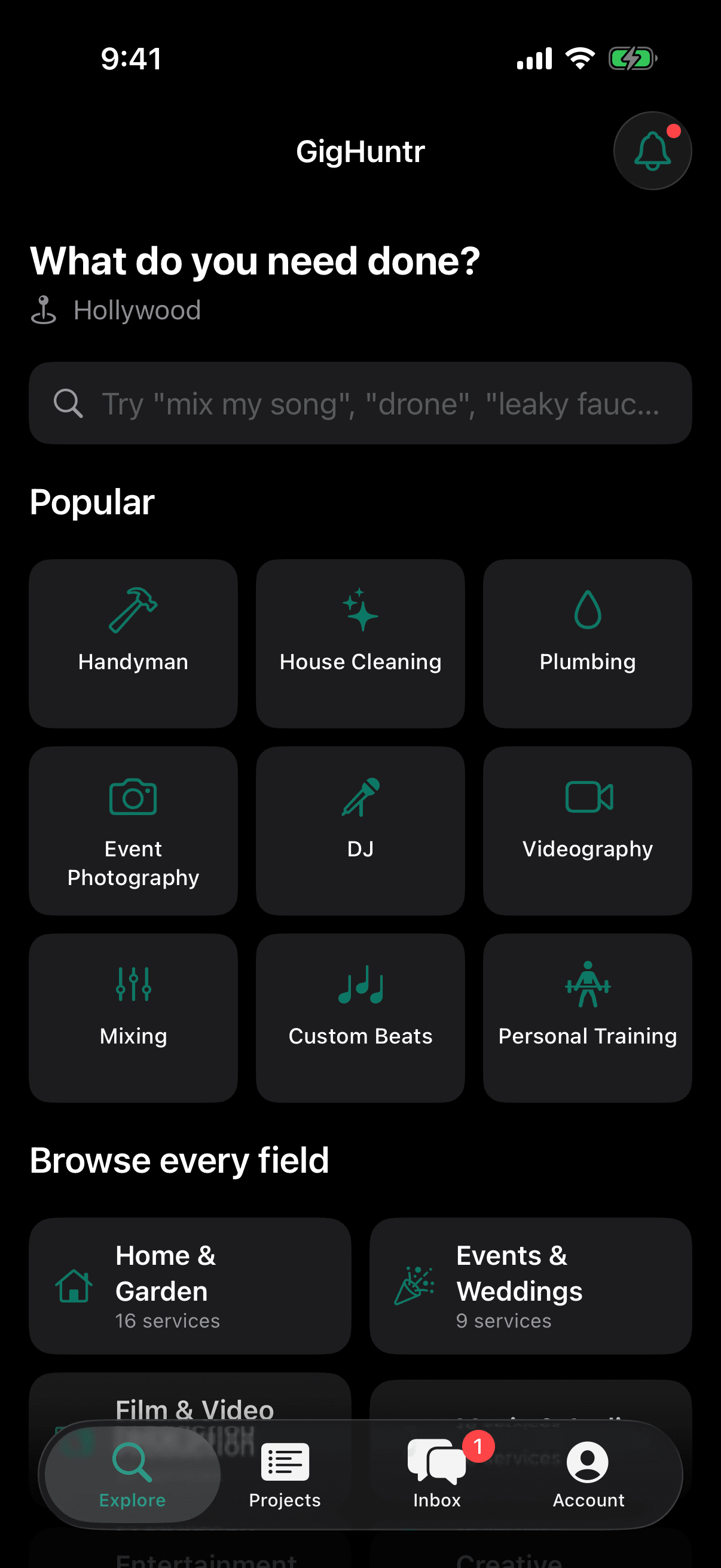 Explore tab: What do you need done? Search and popular services including handyman, house cleaning, plumbing, event photography, DJ, videography, mixing, custom beats and personal training.