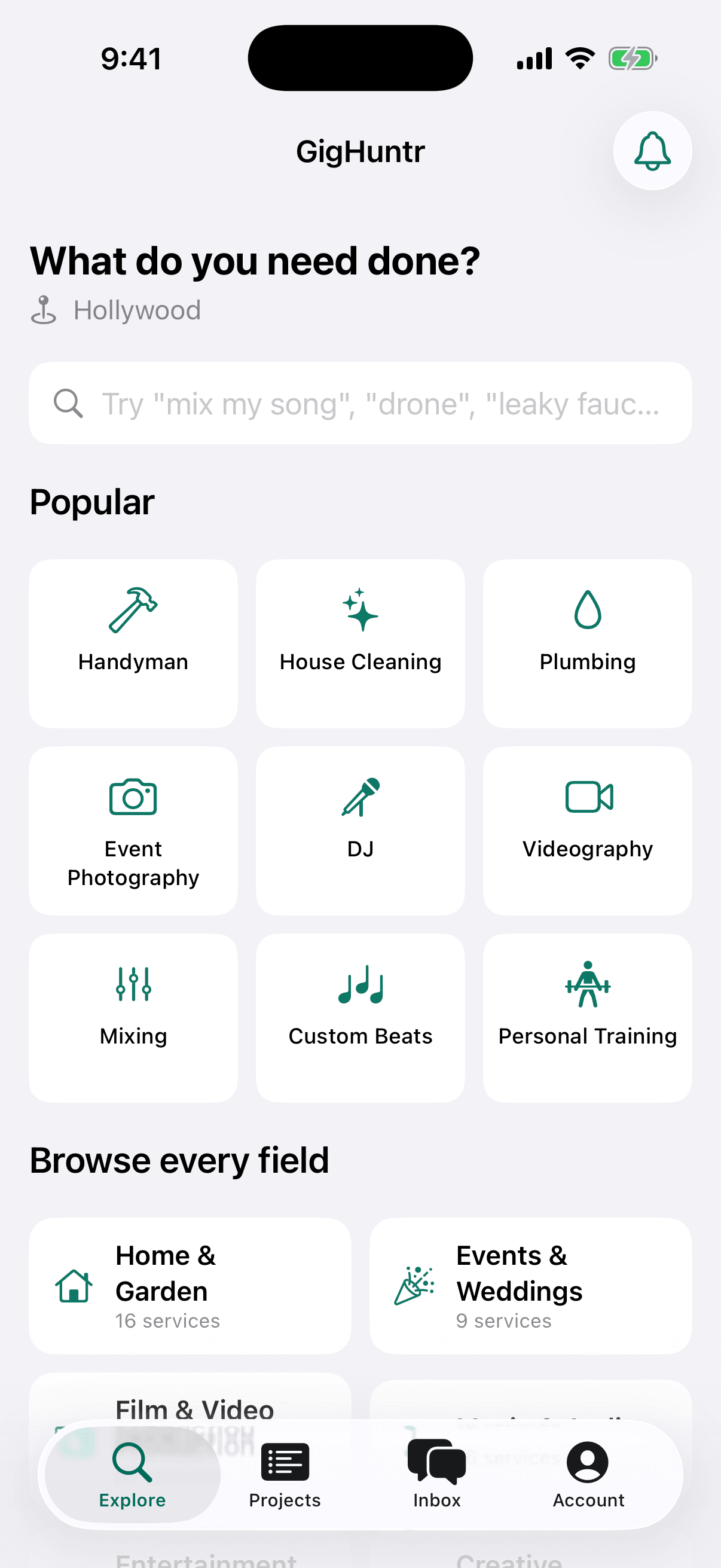 Explore tab: What do you need done? Search and popular services including handyman, house cleaning, plumbing, event photography, DJ, videography, mixing, custom beats and personal training.