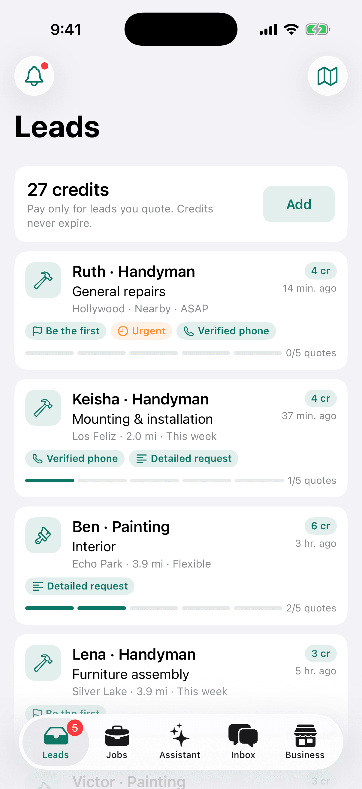 Pro Leads tab: 27 credits and nearby requests with credit cost and signals like Be the first, Urgent and Verified phone.